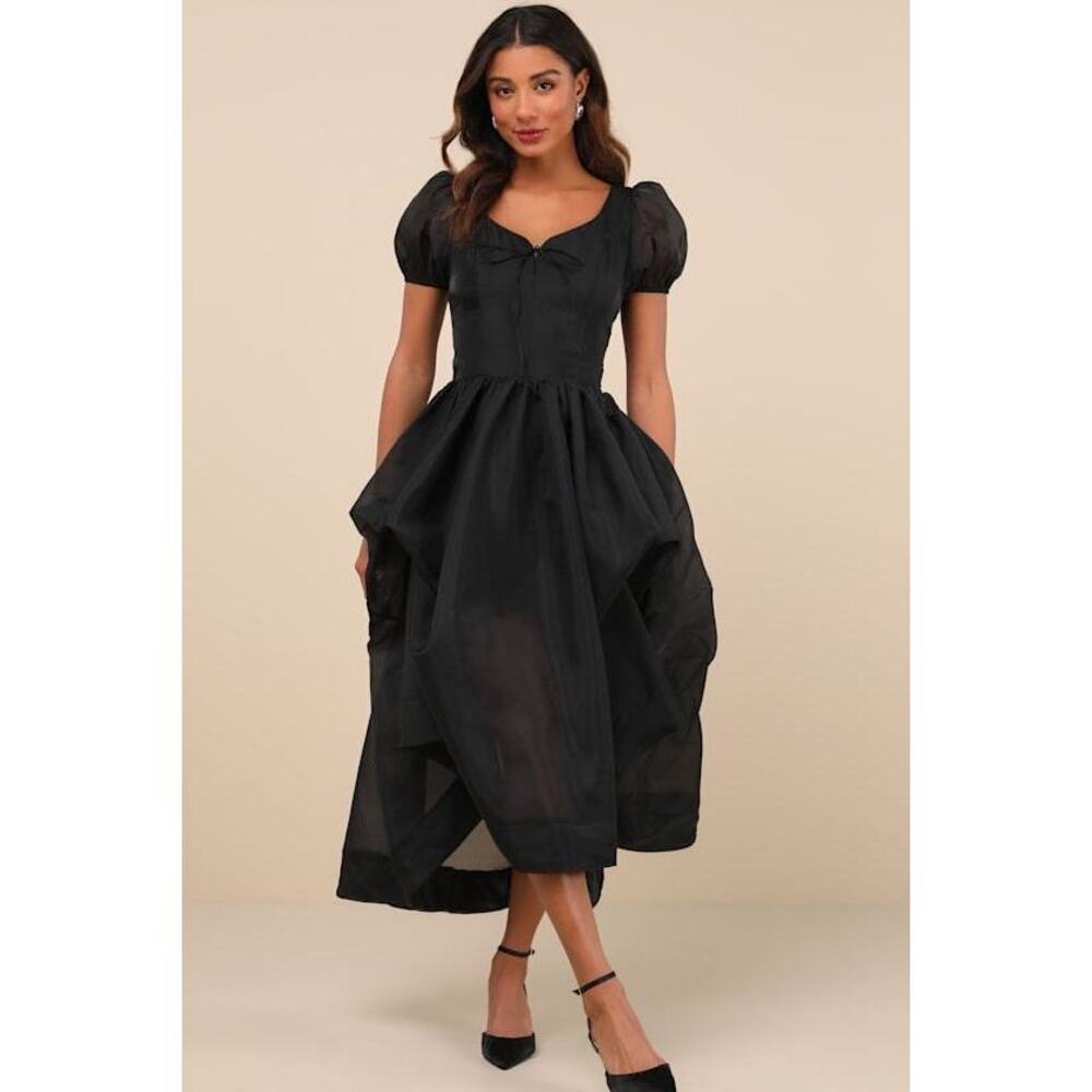 Delightfully Chic Black Organza Puff Sleeve Midi Dress